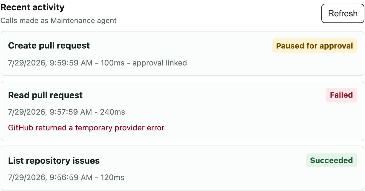 Recent activity showing successful, failed, and approval-paused GitHub calls from the Maintenance agent