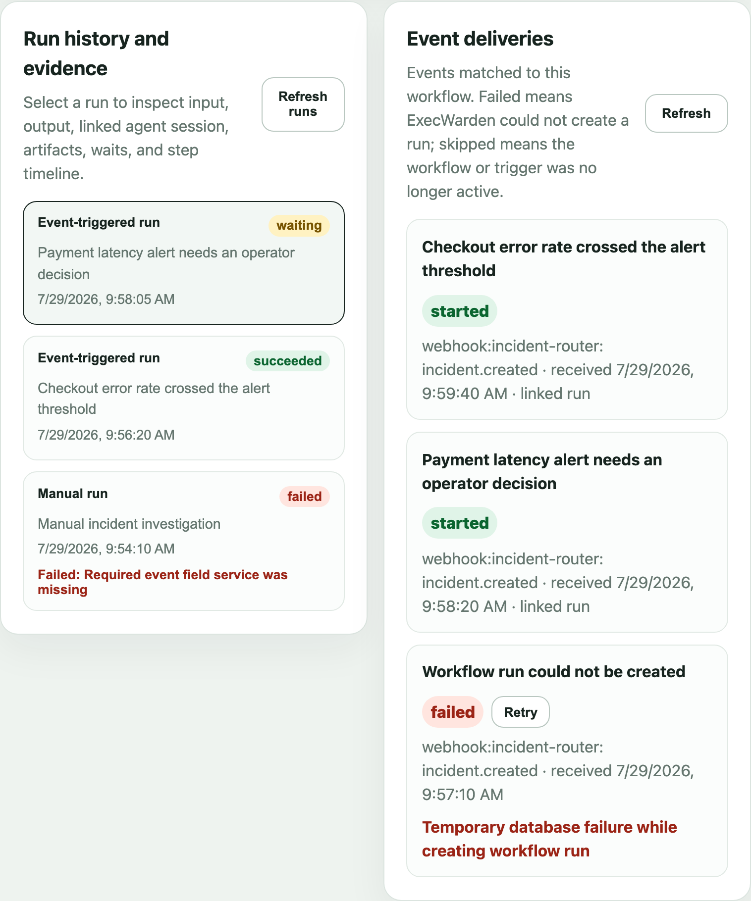 Workflow run history with waiting, succeeded, and failed runs beside started and failed incident event deliveries