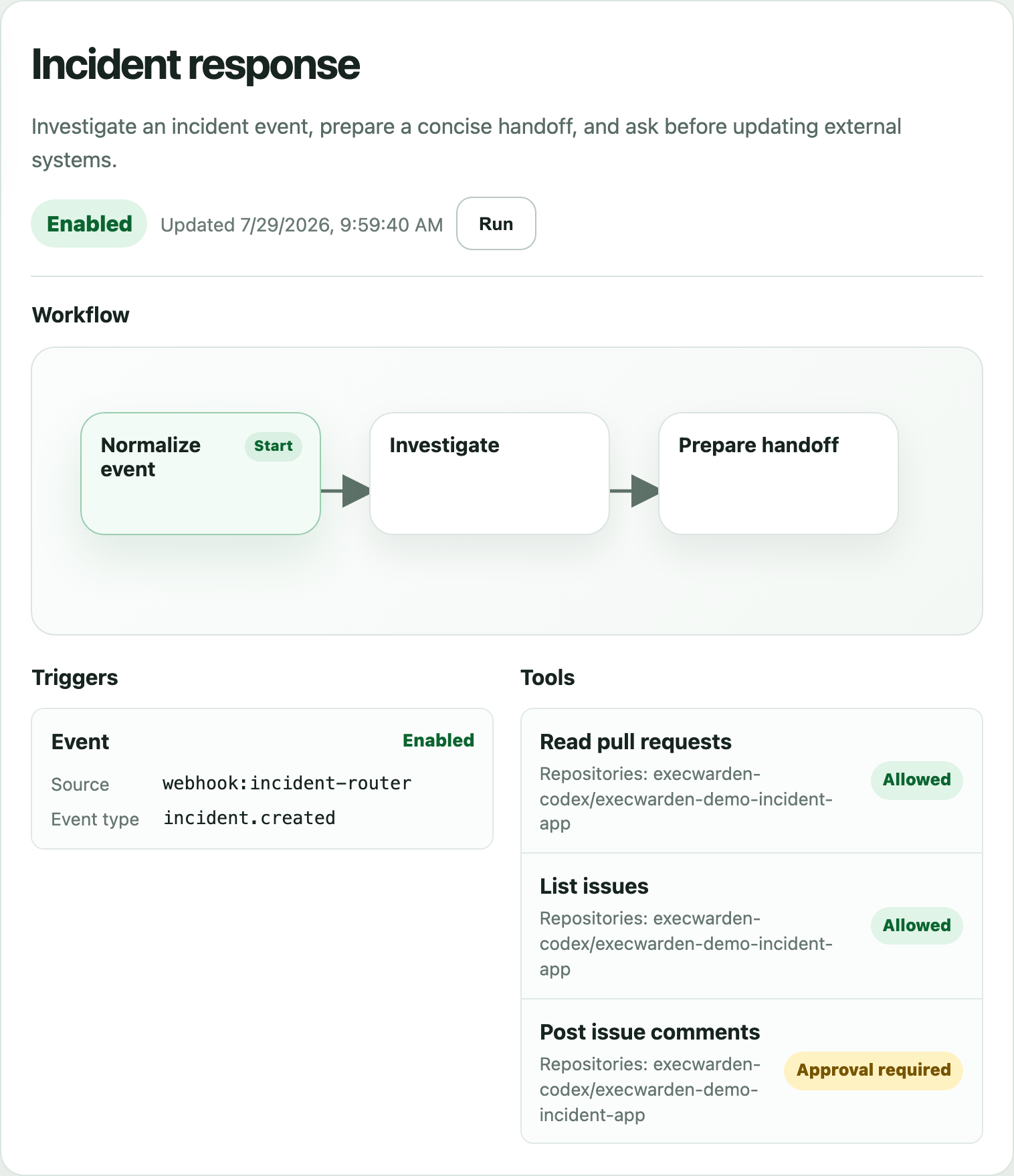 Incident response workflow showing three connected steps, its incident.created trigger, and three repository-scoped tools, including one that requires approval